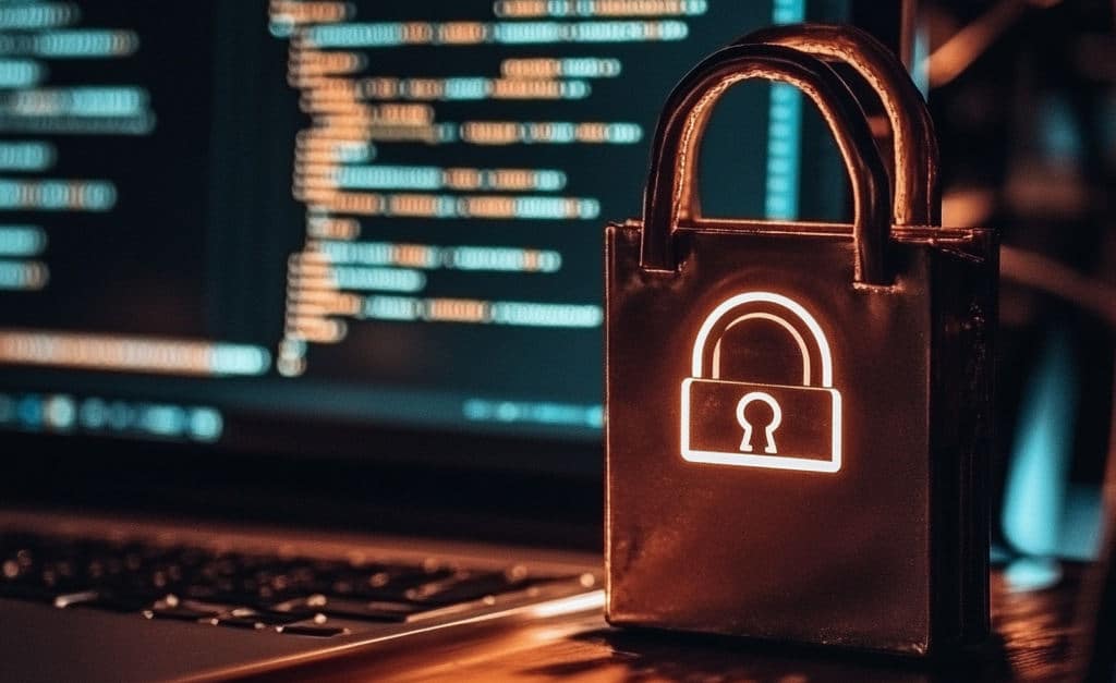 metal lock on laptop representing cybersecurity